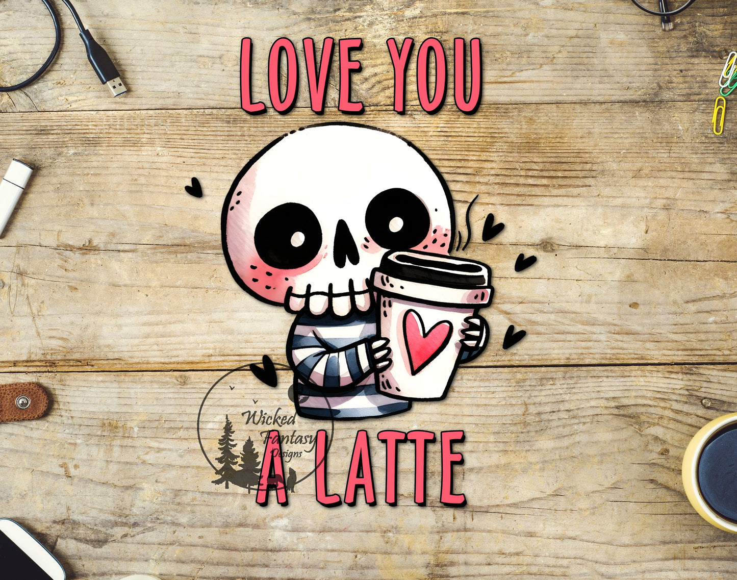 UVDTF Decal Love You a Latte cute Valentines Skeleton Coffee 1pc