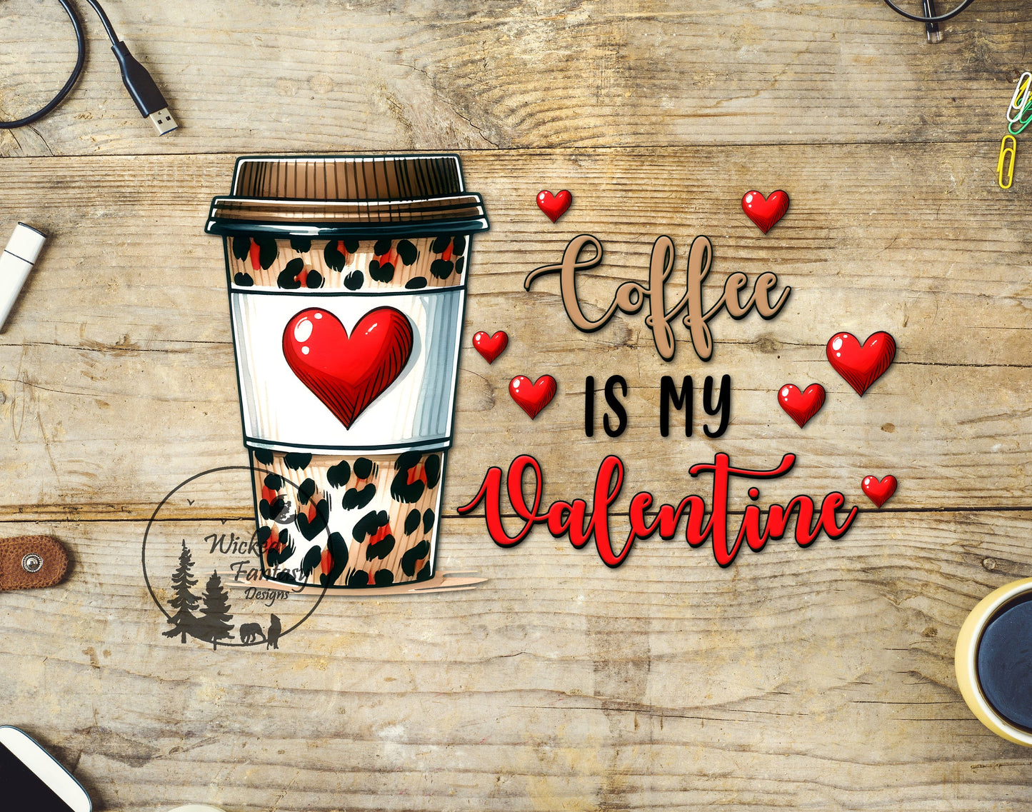 UVDTF Decal Coffee is my Valentine Leopard Print Hearts 1pc