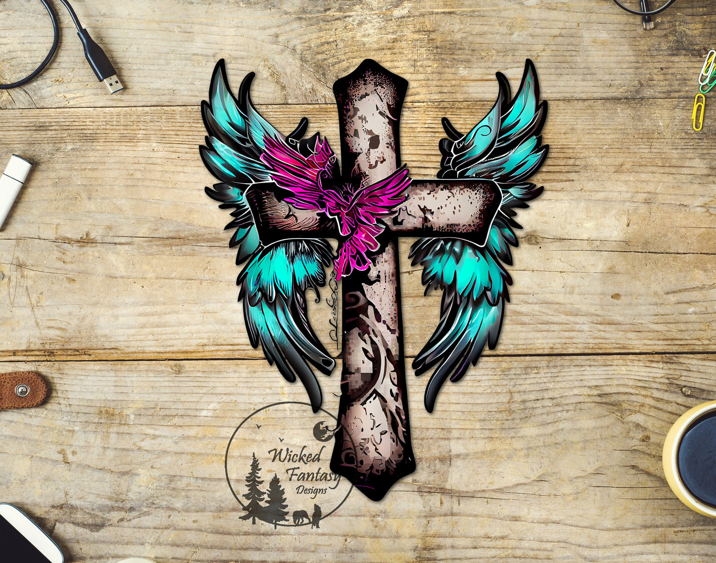 UVDTF Decal Rustic Western Cross with pink and Teal Angel Wings 1pc