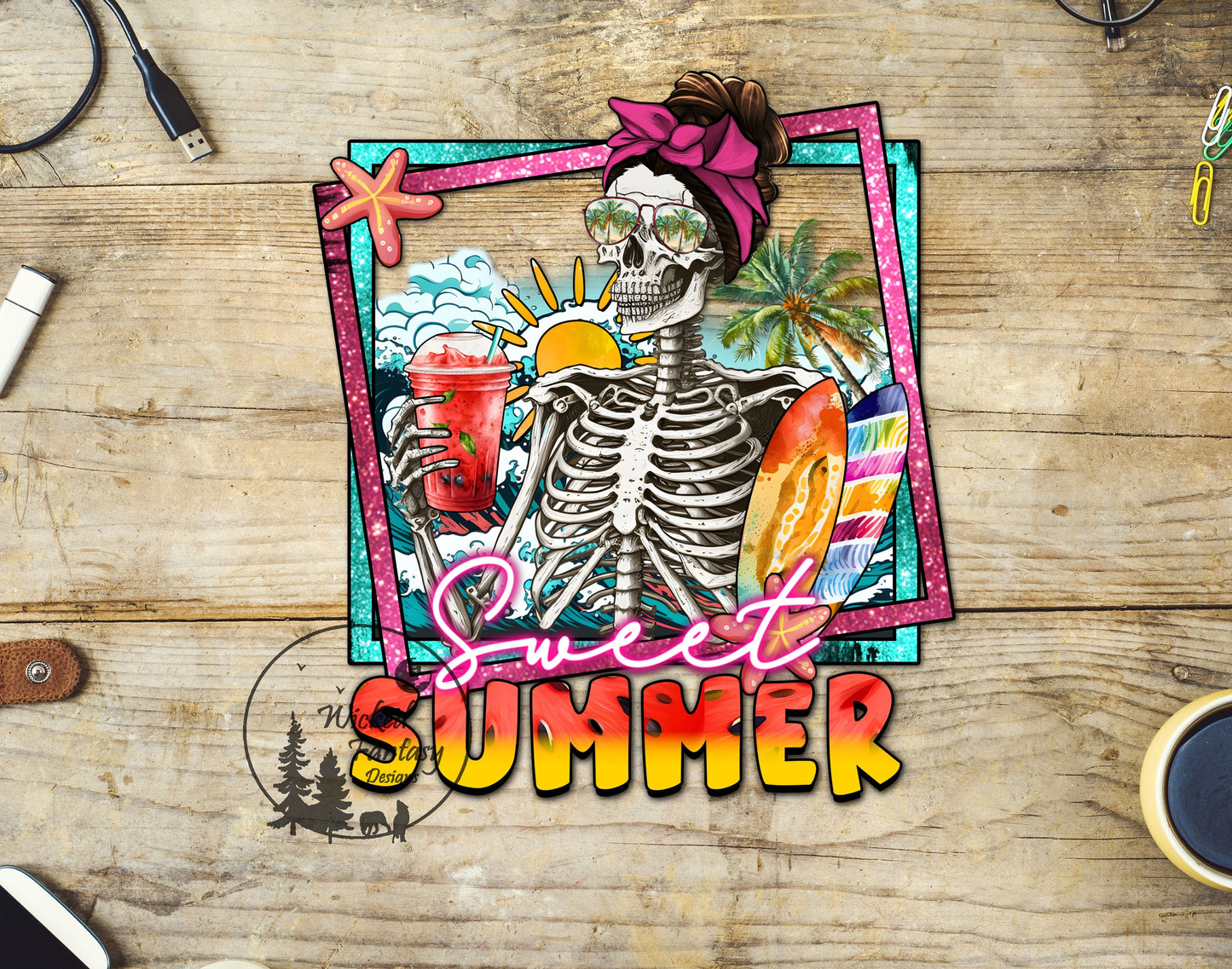UVDTF Decal Sweet Summer Faux Glitter Beach Drinks Skeleton Surfboard Cute 1pc