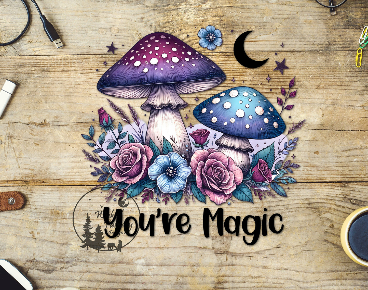 UVDTF Decal You're Magic Mushrooms Crescent Moon Stars Crystals Purple Blue Roses Mystical 1pc
