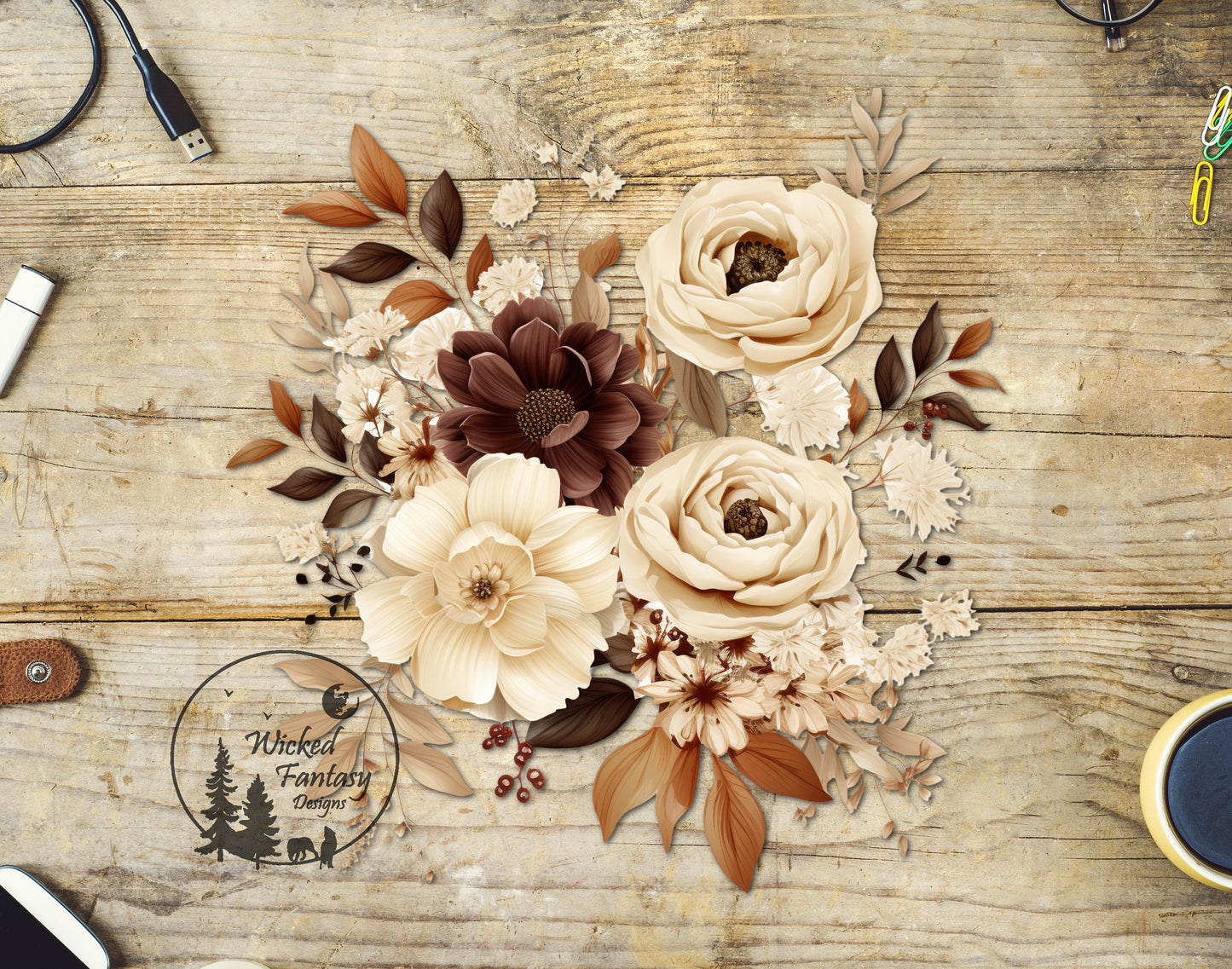 UVDTF Decal Chocolate Beige Watercolor Flower Bouquet 1pc