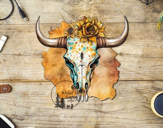 UVDTF Decal Yellow Rose Cow Skull Southwestern Desert Cactus Western Transparent Background sticker 1pc