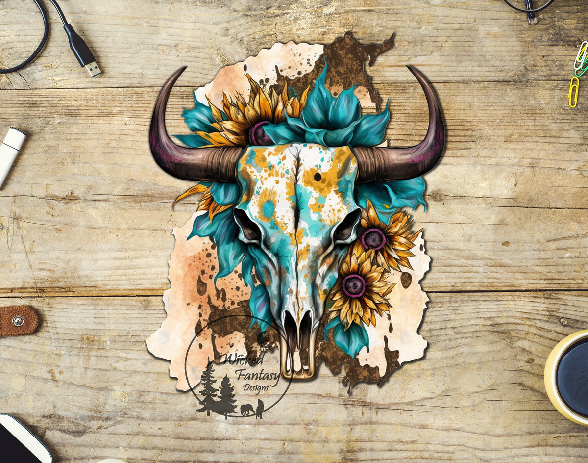 Cowhide Sticker UVDTF Decal Sunflower Cow Skull Southwestern Desert Cowhide Western Tr ...