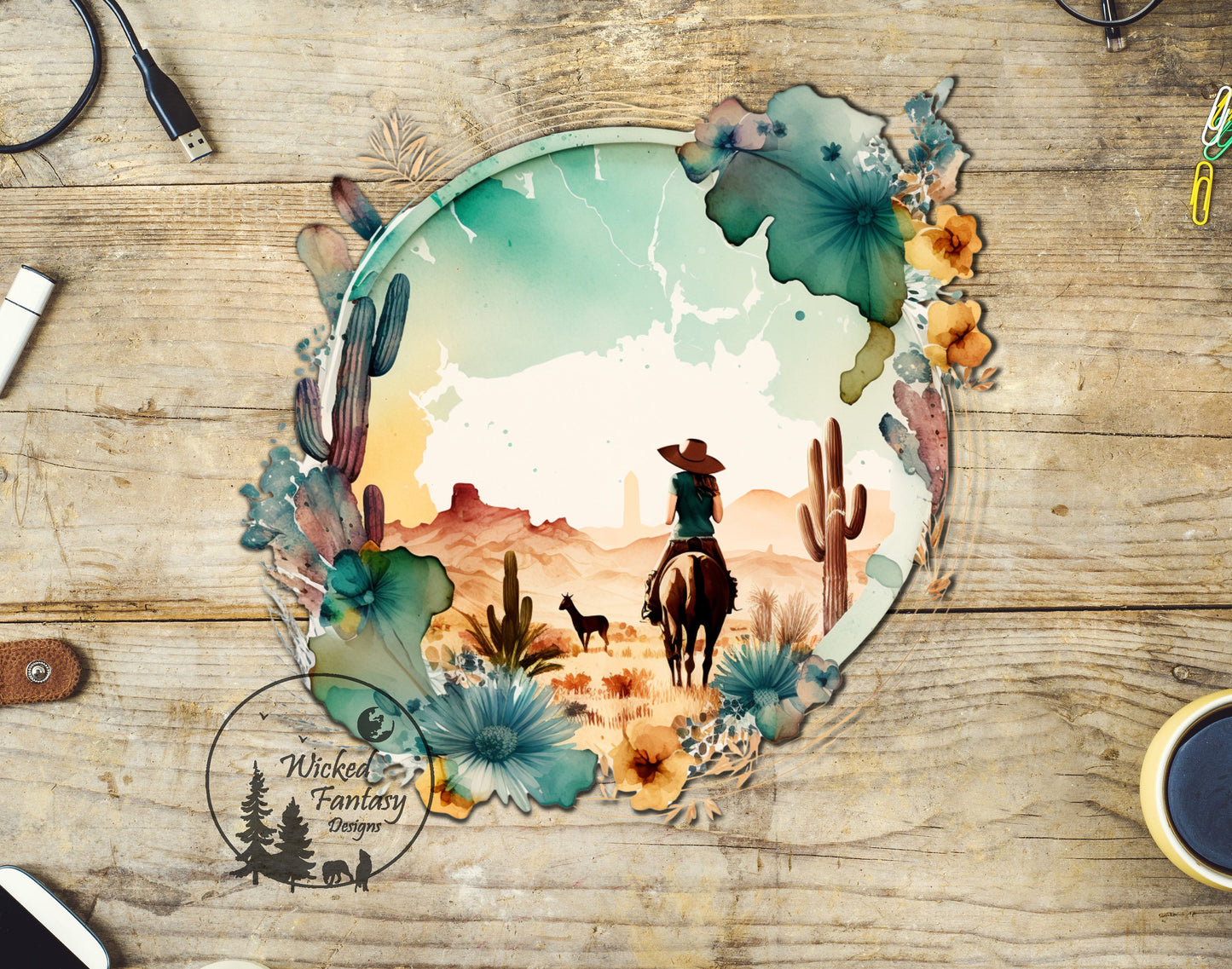 UVDTF Decal Watercolor Southwestern Desert Flowers Cowgirl Western Transparent Background sticker 1pc