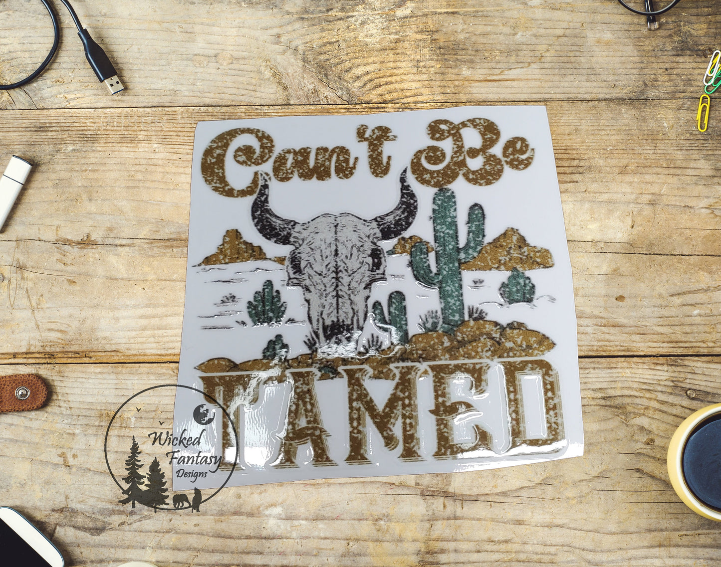 UVDTF Decal Cant Be Tamed Bison Skull Desert Cactus Western Transparent Background sticker 1pc