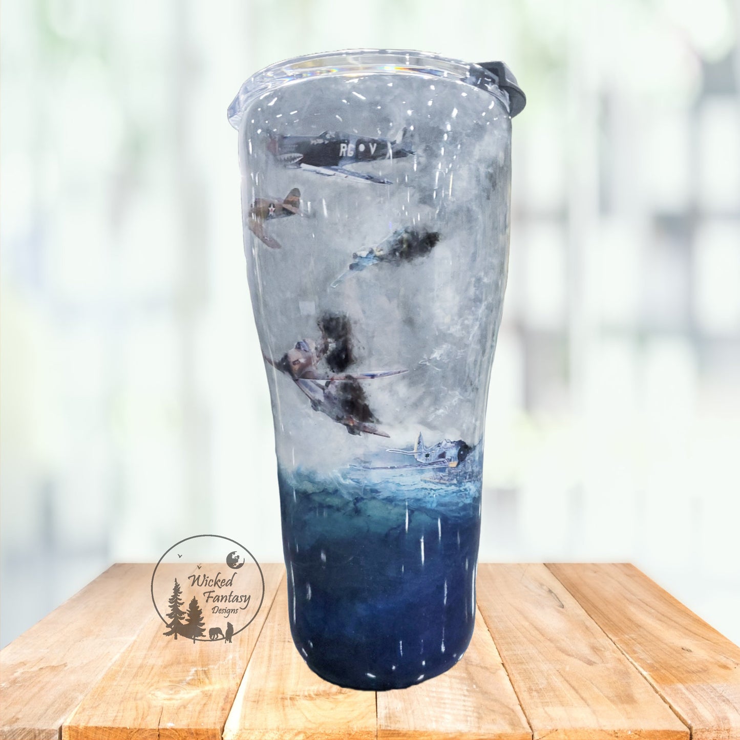 WW2 Scene Stormy Sky Battle with Planes and Destroyers Ocean Epoxy Tumbler Multiple Sizes