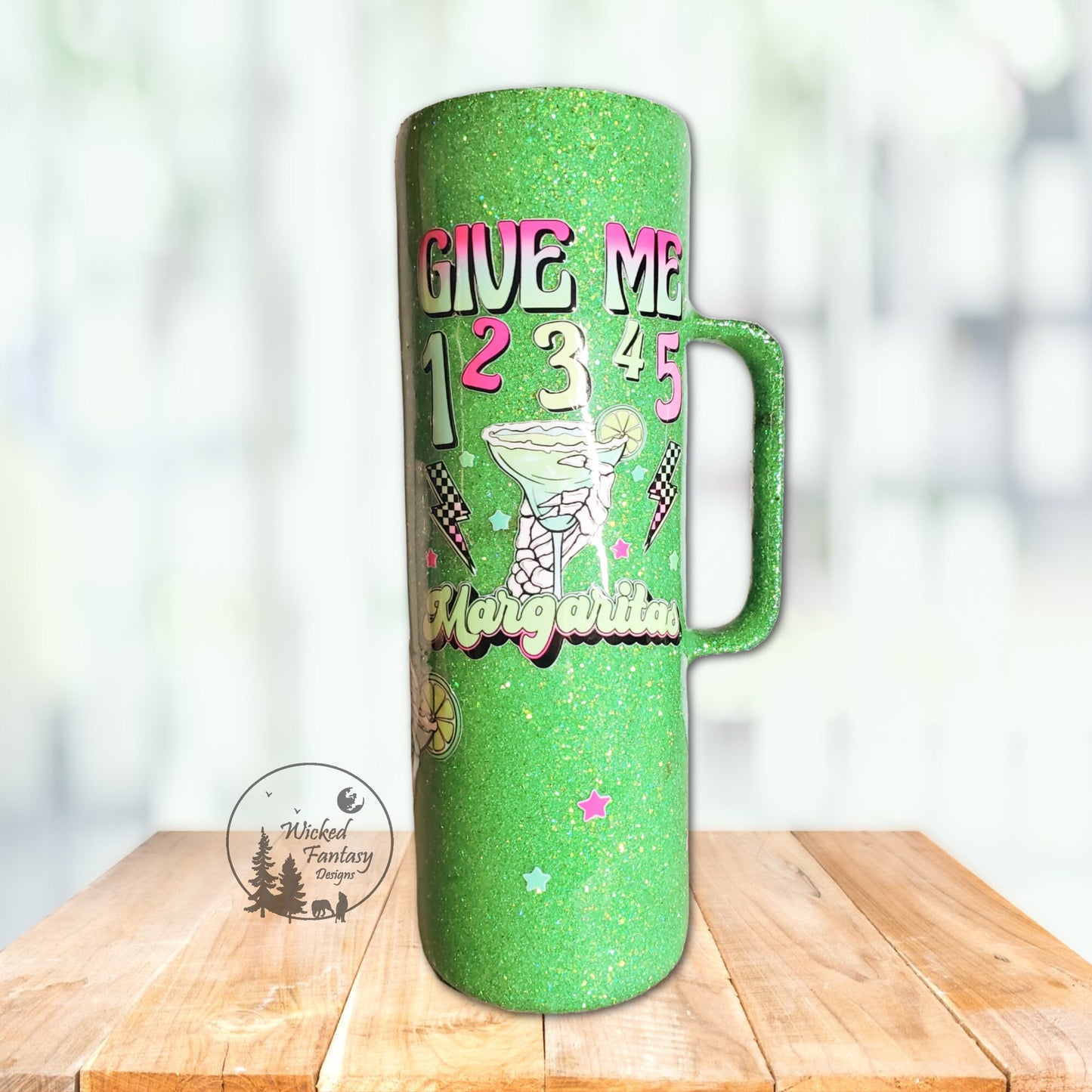 Chip Dippin' and Margarita Sippin' Skeleton Lime Green Glitter Tumbler 30oz with handle