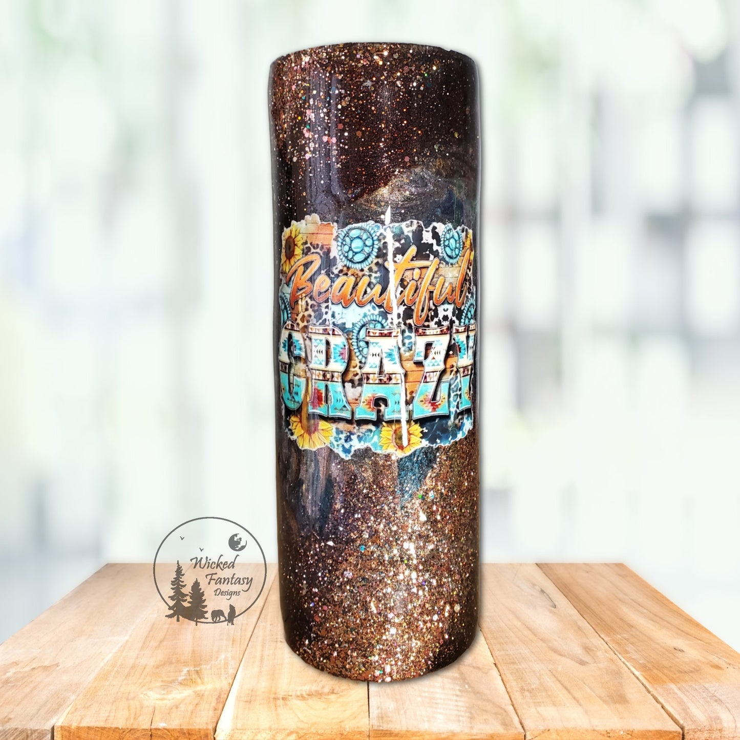 Beautiful Crazy Western Turquoise Sunflower Bronze Teal and Copper Glitter Epoxy Tumbler 20oz Skinny