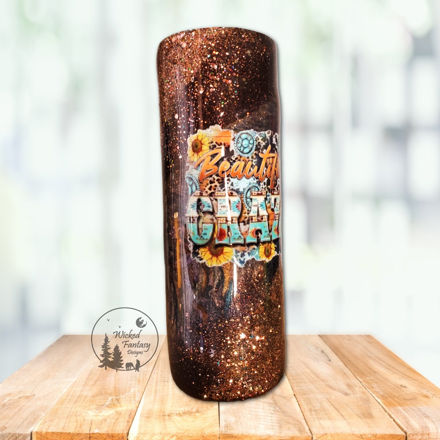 Beautiful Crazy Western Turquoise Sunflower Bronze Teal and Copper Glitter Epoxy Tumbler 20oz Skinny