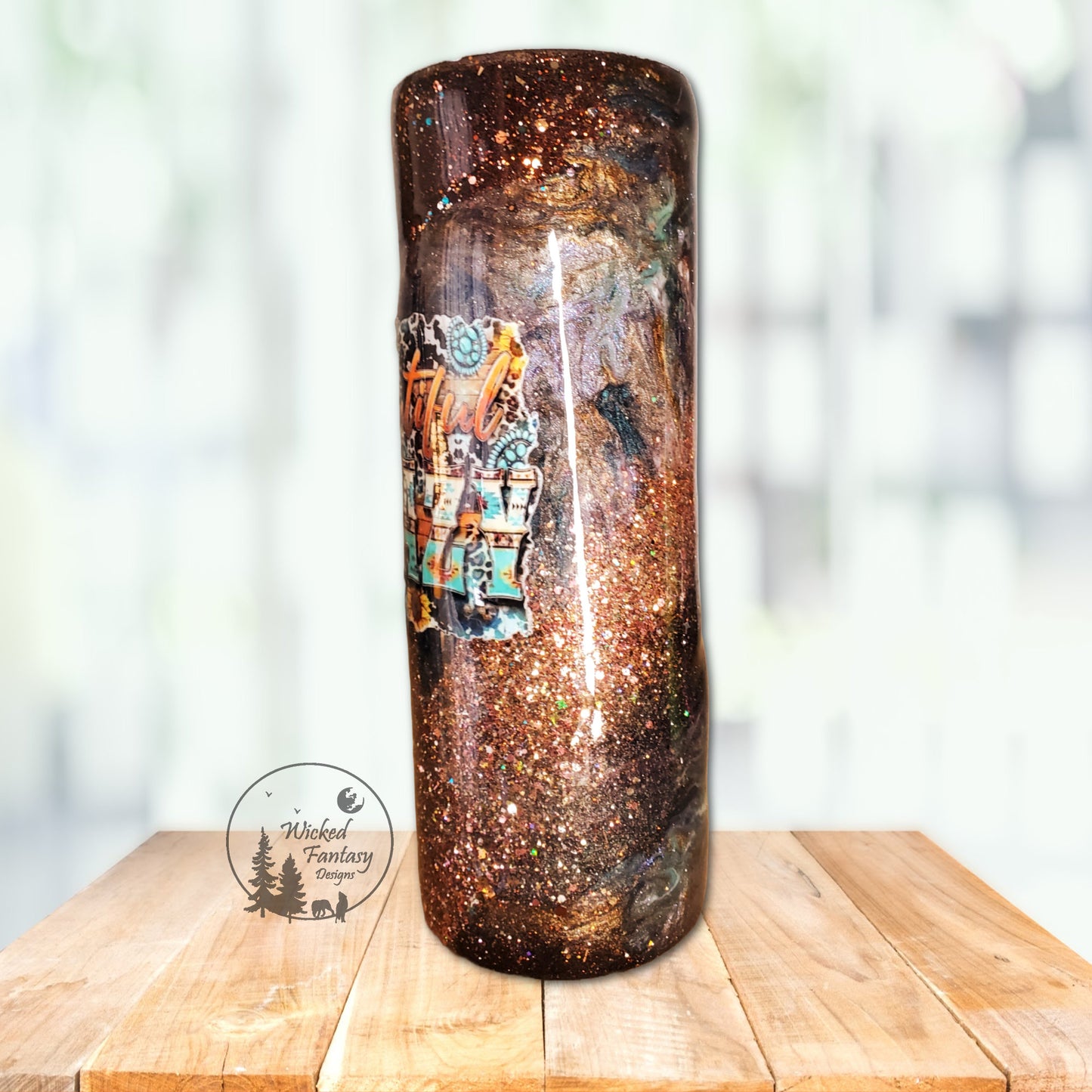 Beautiful Crazy Western Turquoise Sunflower Bronze Teal and Copper Glitter Epoxy Tumbler 20oz Skinny