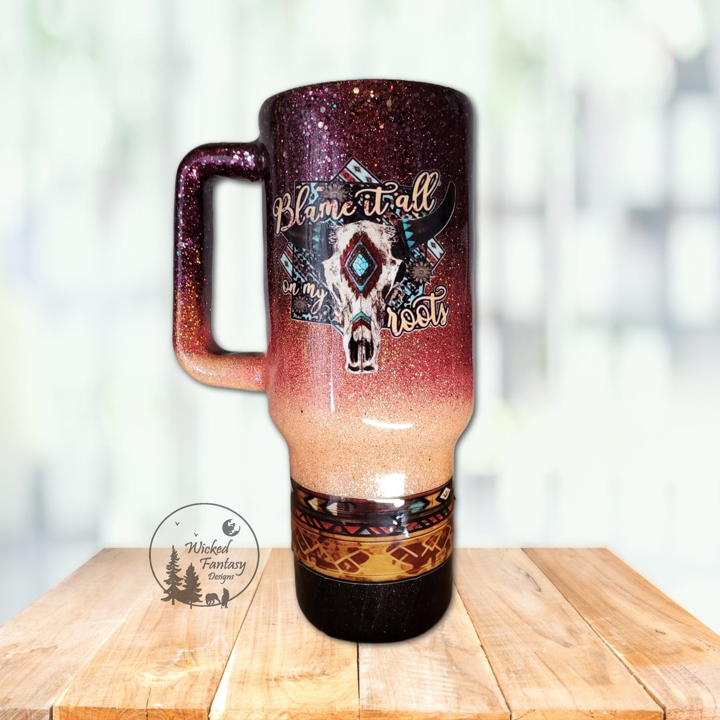 Blame it on My Roots Burgundy Grapefruit Peach Ombre Glitter Tumbler 40oz with handle Western Southwest Pattern