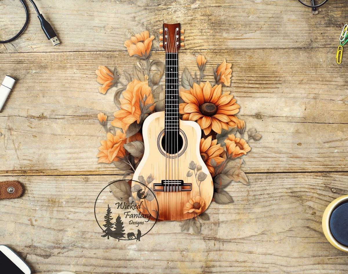 UVDTF Decal Guitar and Flowers  1pc