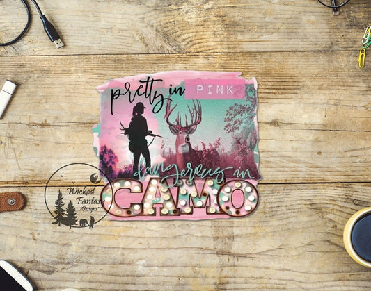 UVDTF Decal Pretty In Pink Dangerous In Camo Female Deer Hunter 1pc Car Decal Water Bottle Sticker