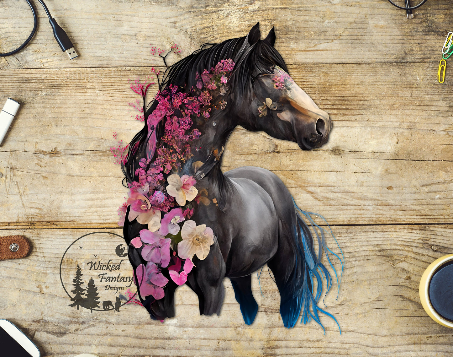 UVDTF Decal Horse with Watercolor Flowers Transparent Background Sticker 1pc