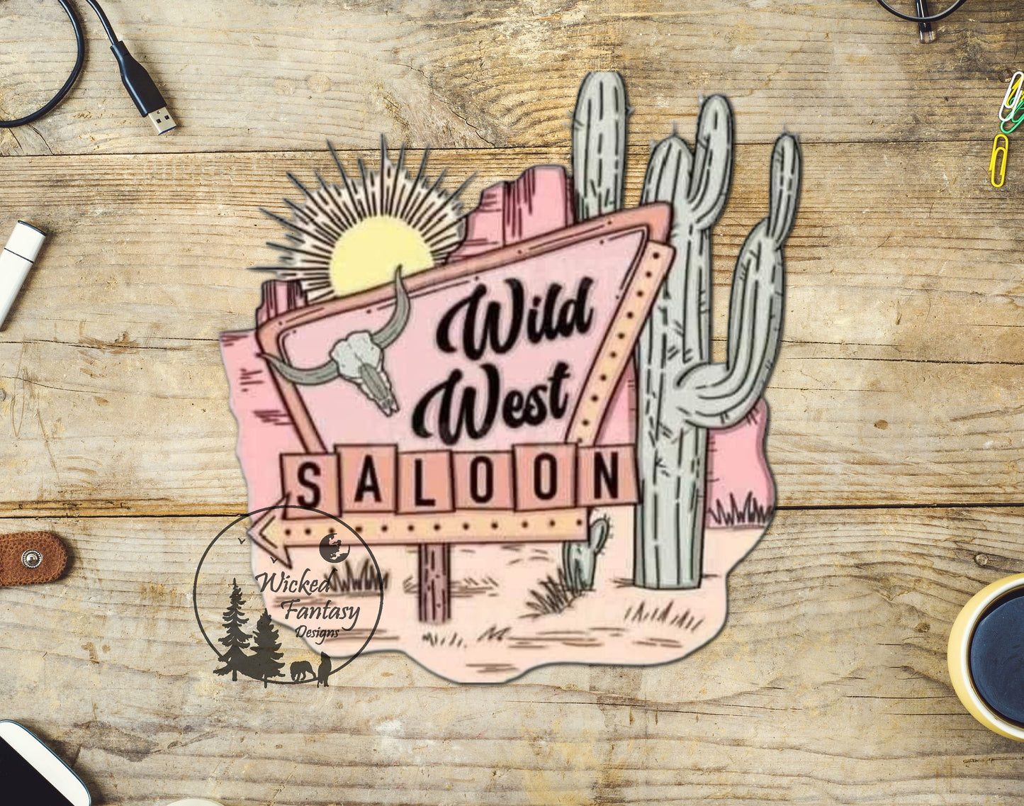 UVDTF Decal  Retro Wild West Saloon Sign Desert Scene 1pc