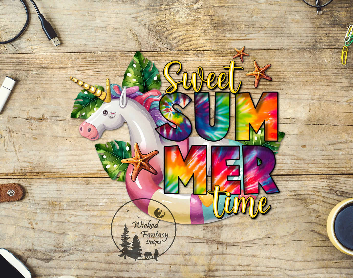 UVDTF Decal Sweet Summer Time Neon Tie Dye Unicorn Pool Float Cute 1pc