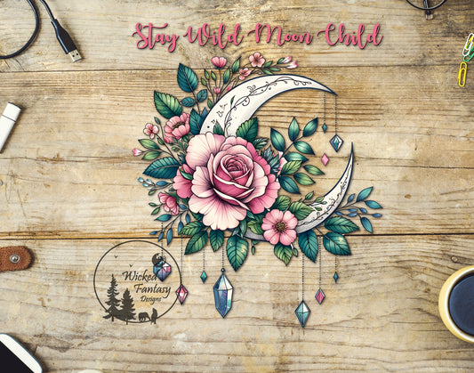 UVDTF Decal Stay Wild Moon Child Crescent Moon Stars Crystals Roses 1pc