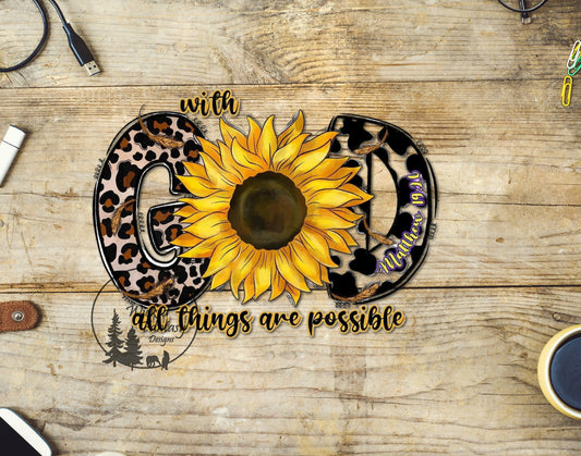 UVDTF Decal With God All Things are Possible Religious Sunflower Cow Hide Leopard Print 1pc