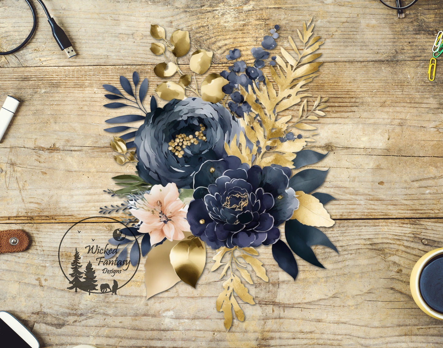 UVDTF Decal Navy Peach Gold Watercolor Flower Bouquet 1pc