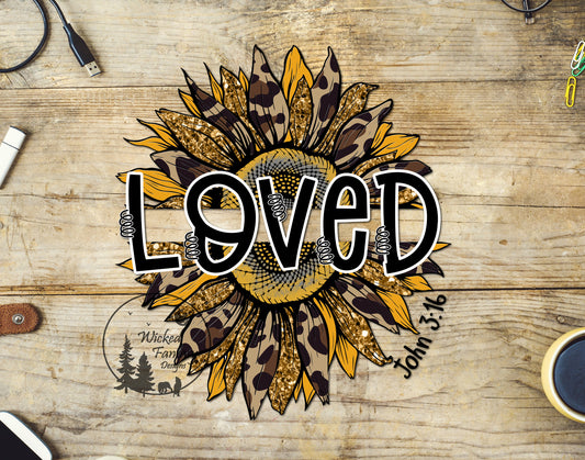 UVDTF Decal Loved John 3:16 Sunflower Religious Faux Glitter Leopard Print 1pc