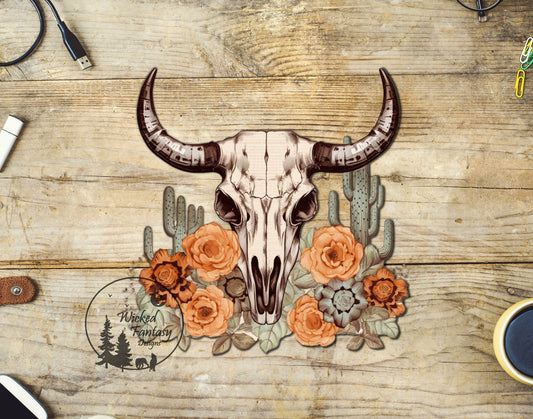 UVDTF Decal Cow Skull Southwestern Desert Cactus Orange Roses Western Transparent Background sticker 1pc