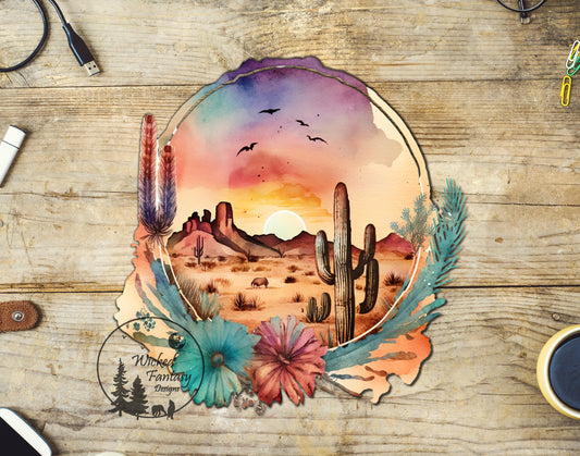 UVDTF Decal Watercolor Sunset Southwestern Desert Flowers Western Transparent Background sticker 1pc