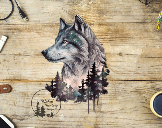 UVDTF Decal Wolf Pine Trees Transparent Background sticker 1pc