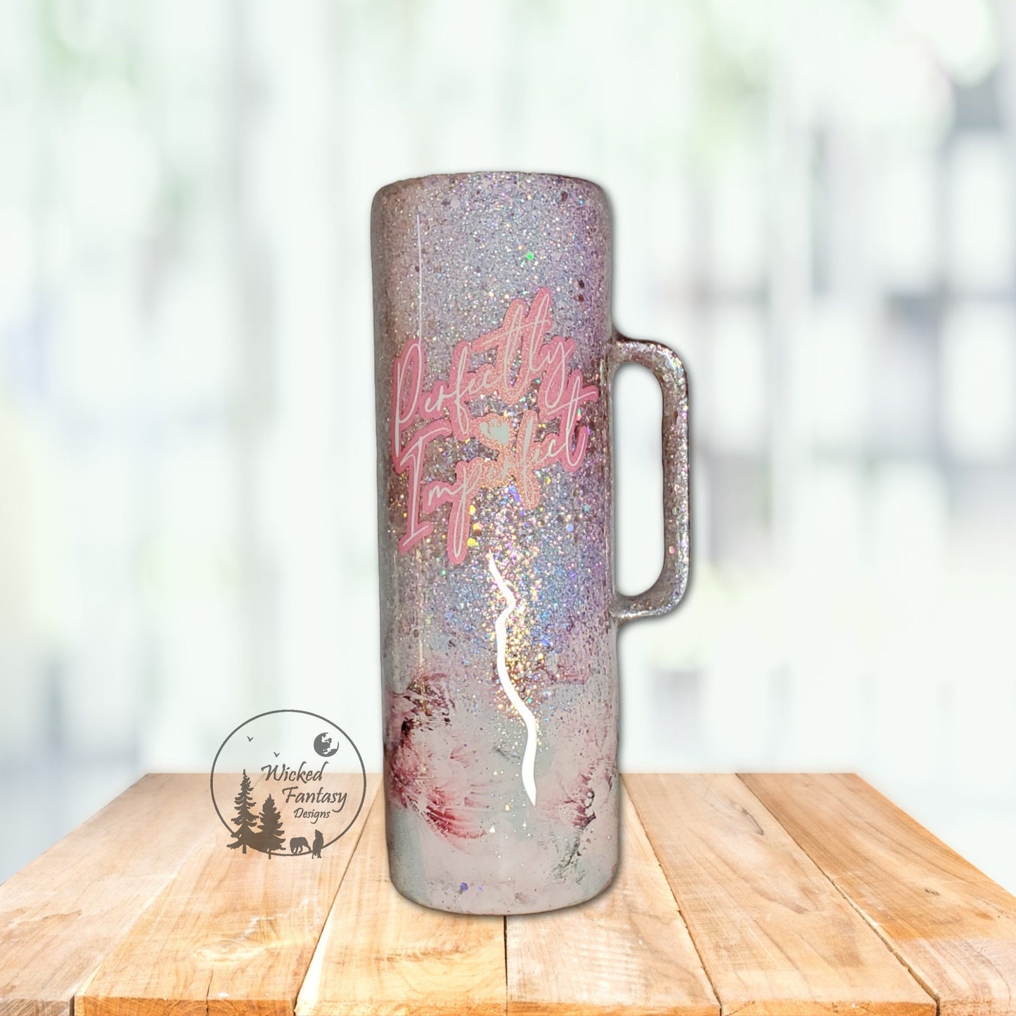 Perfectly Imperfect Shabby Chic Peony Teal Rose Gold Silver Ombre Glitter Epoxy Tumbler 30oz Skinny with Handle