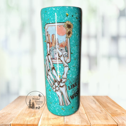 Wild Like the West Playing Cards Tooled Leather Thunderbird Western Glitter Tumbler 20oz  Skinny
