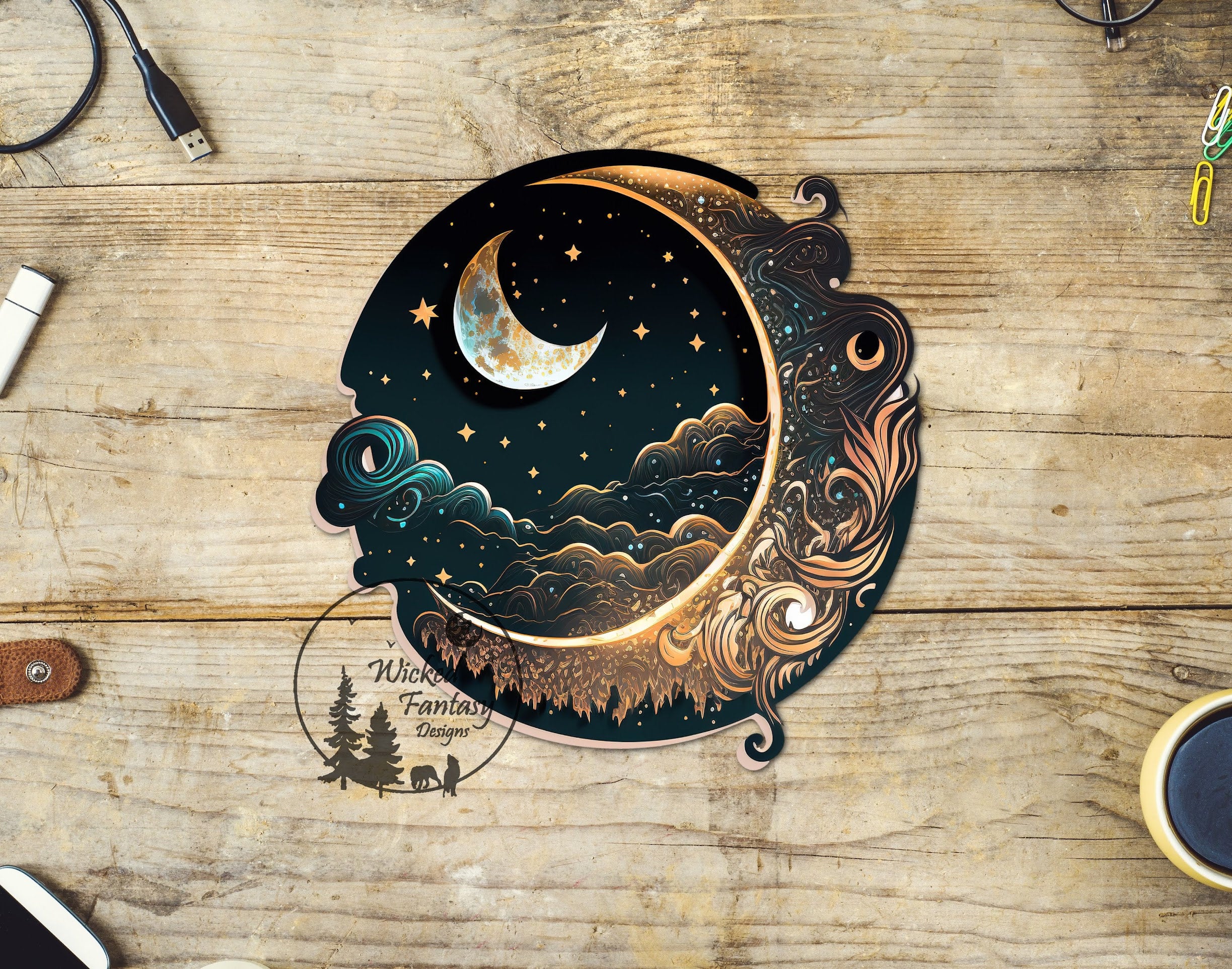 Crescent Sticker UVDTF Decal Crescent Moon Mystical Night Transparent Background Sticke ...