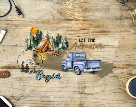 UVDTF Decal Let The Adventure Begin Old Truck Camping Transparent Background Sticker 1pc