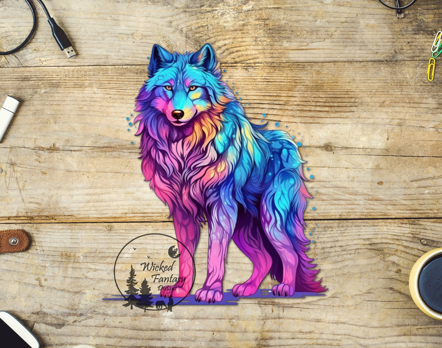 UVDTF Decal Watercolor Pink Blue Standing Wolf 1pc