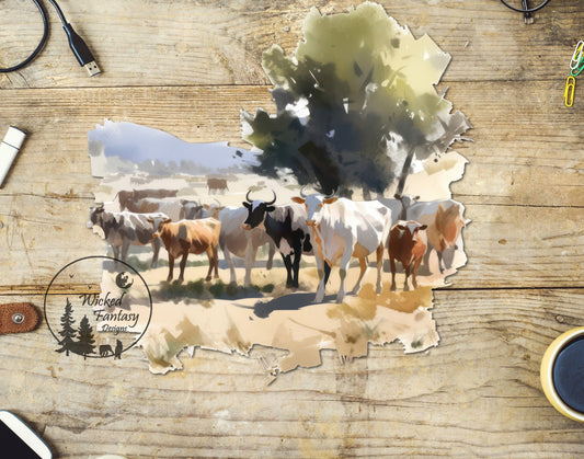 UVDTF Decal Cattle in Pasture Watercolor Transparent Background 1pc