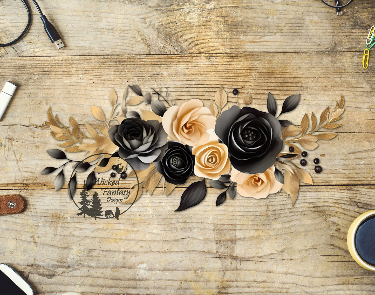 UVDTF Decal Gold Black Horizontal Flower Arrangement Transparent Background 1pc