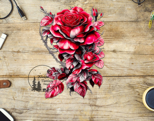 UVDTF Decal Red Rose with Thorns Flower Arrangement Transparent Background 1pc