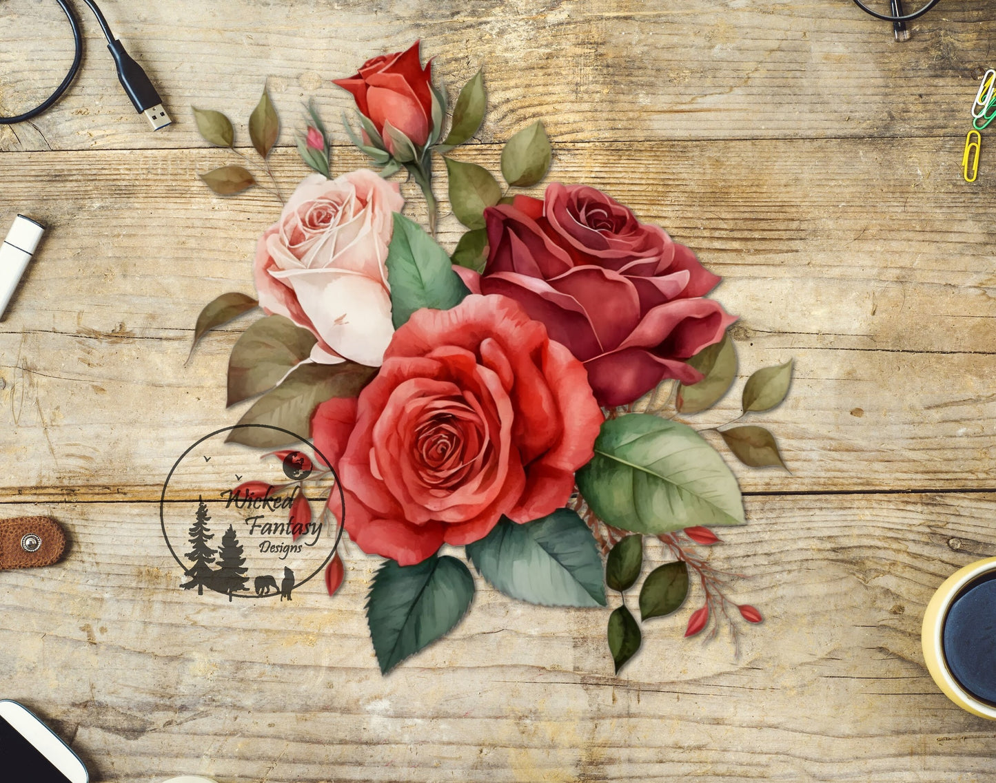 UVDTF Decal Red Roses Watercolor Flower Bouquet 1pc