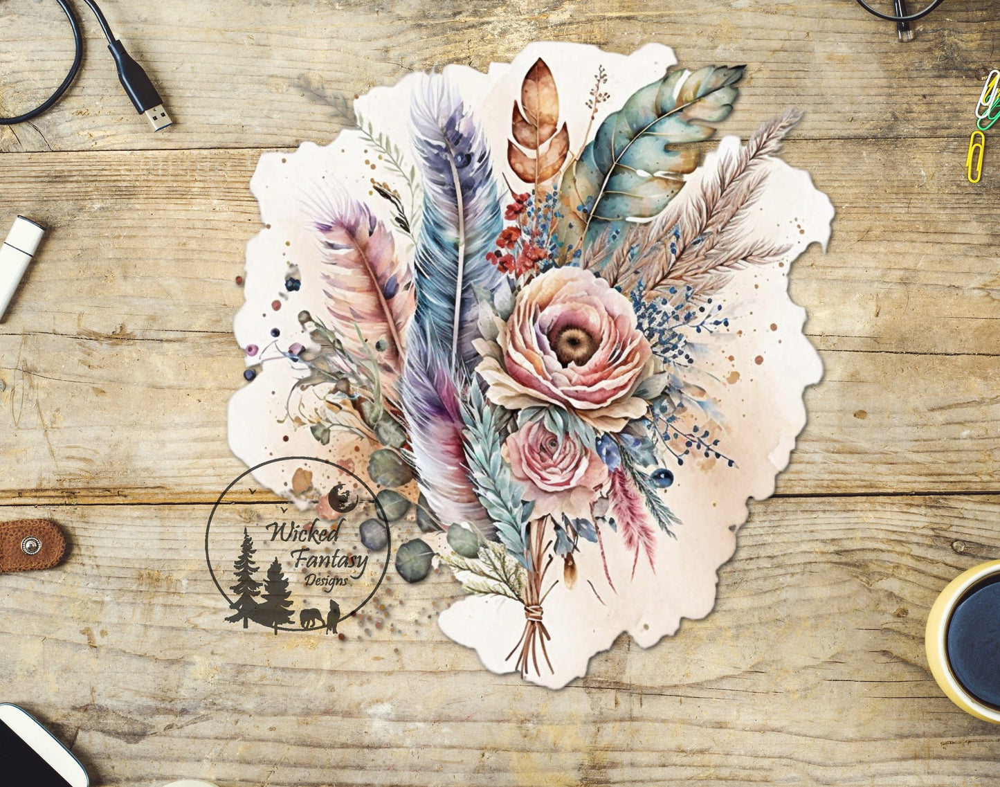 UVDTF Decal Boho Feather Teal Pink Green Watercolor Flower Bouquet 1pc