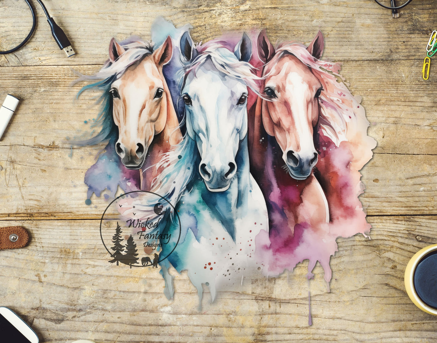 UVDTF Decal Watercolor Horses Transparent Background Sticker 1pc