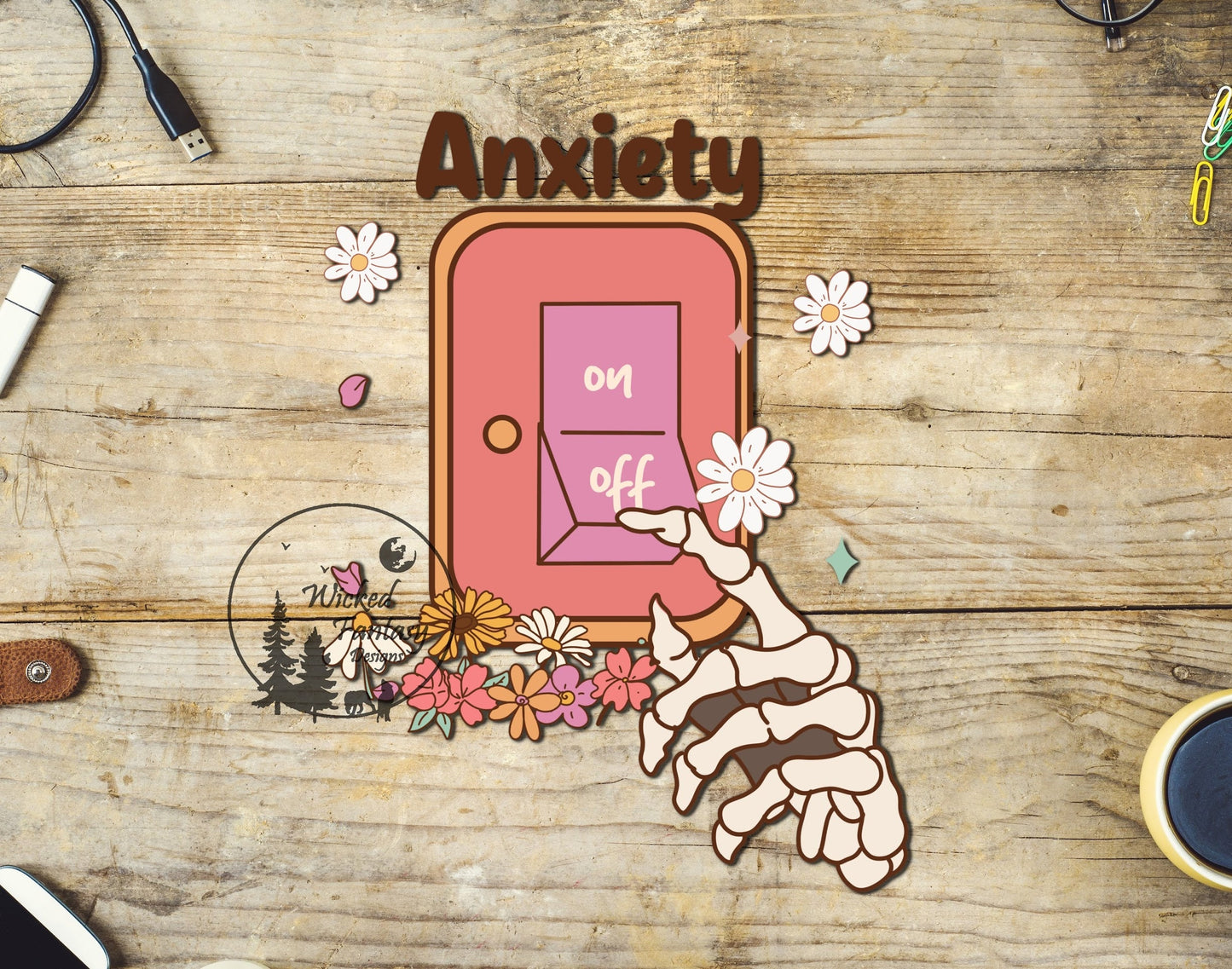 UVDTF Decal Anxiety Switch Skeleton Hand with Retro Flowers Transparent Background 1pc