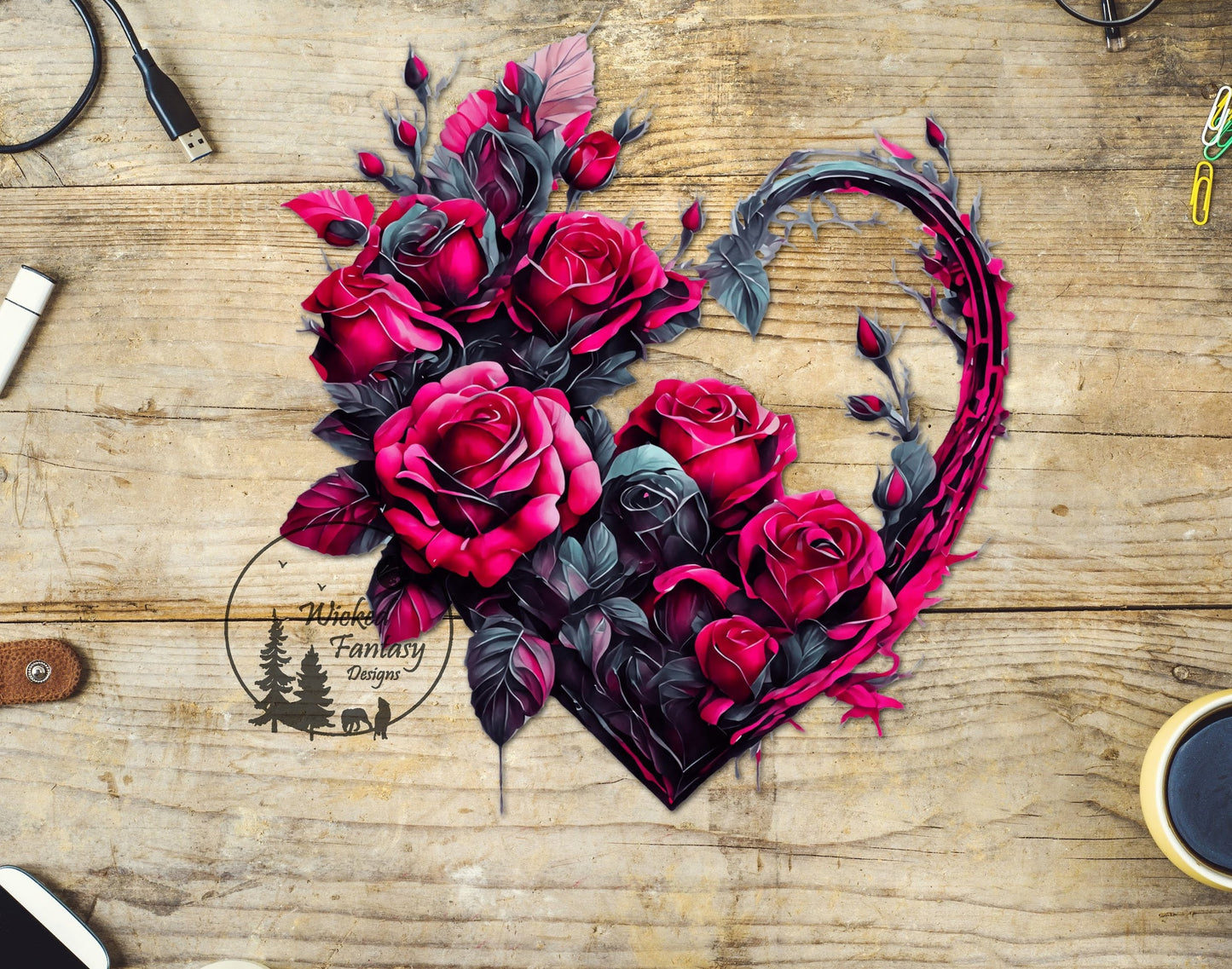 UVDTF Decal Red Grey and Black Rose Flower Arrangement Heart Transparent Background 1pc