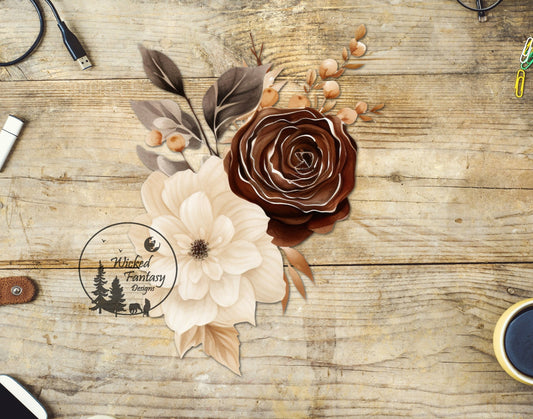 UVDTF Decal Boho Beige Chocolate 2 Large Flowers Watercolor Flower Bouquet 1pc